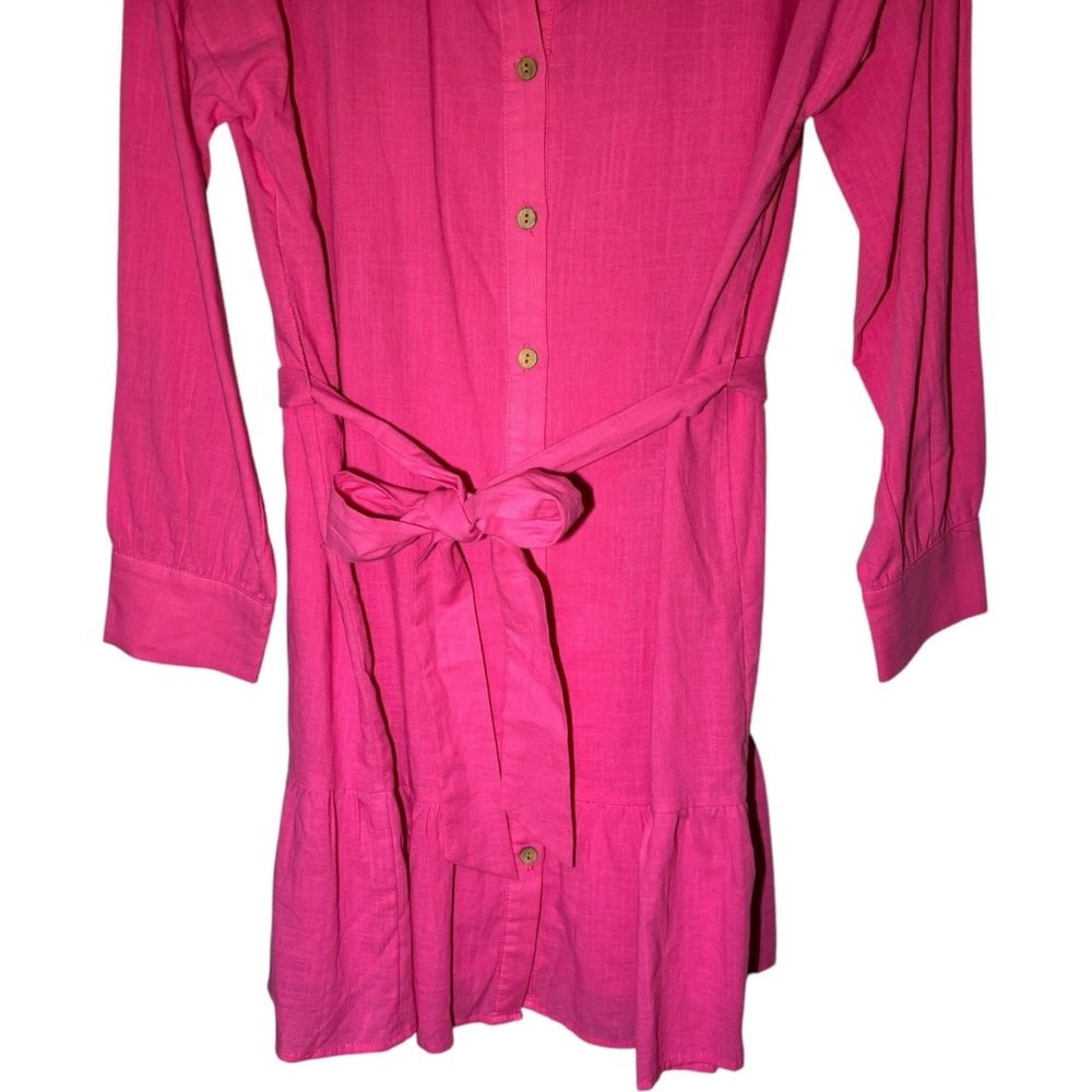 GiGiO Long Sleeve Mini Dress Button Down Collared 100% Cotton Pink Barbie - Picture 4 of 8